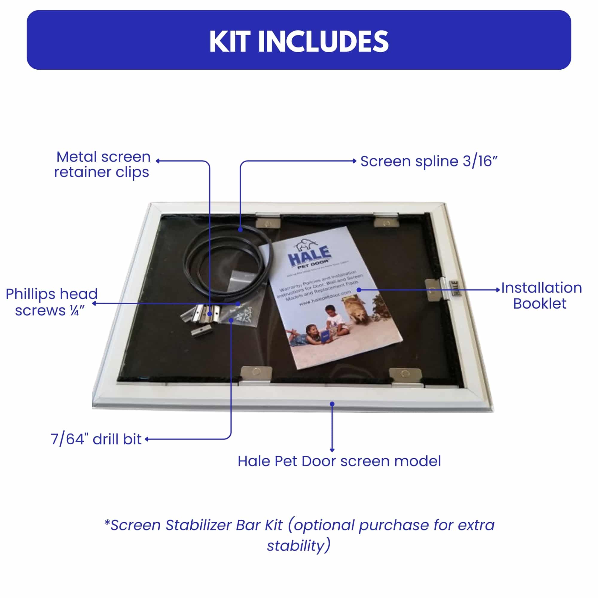 Installation kit contents for Hale Pet Door including screws, template, and flap