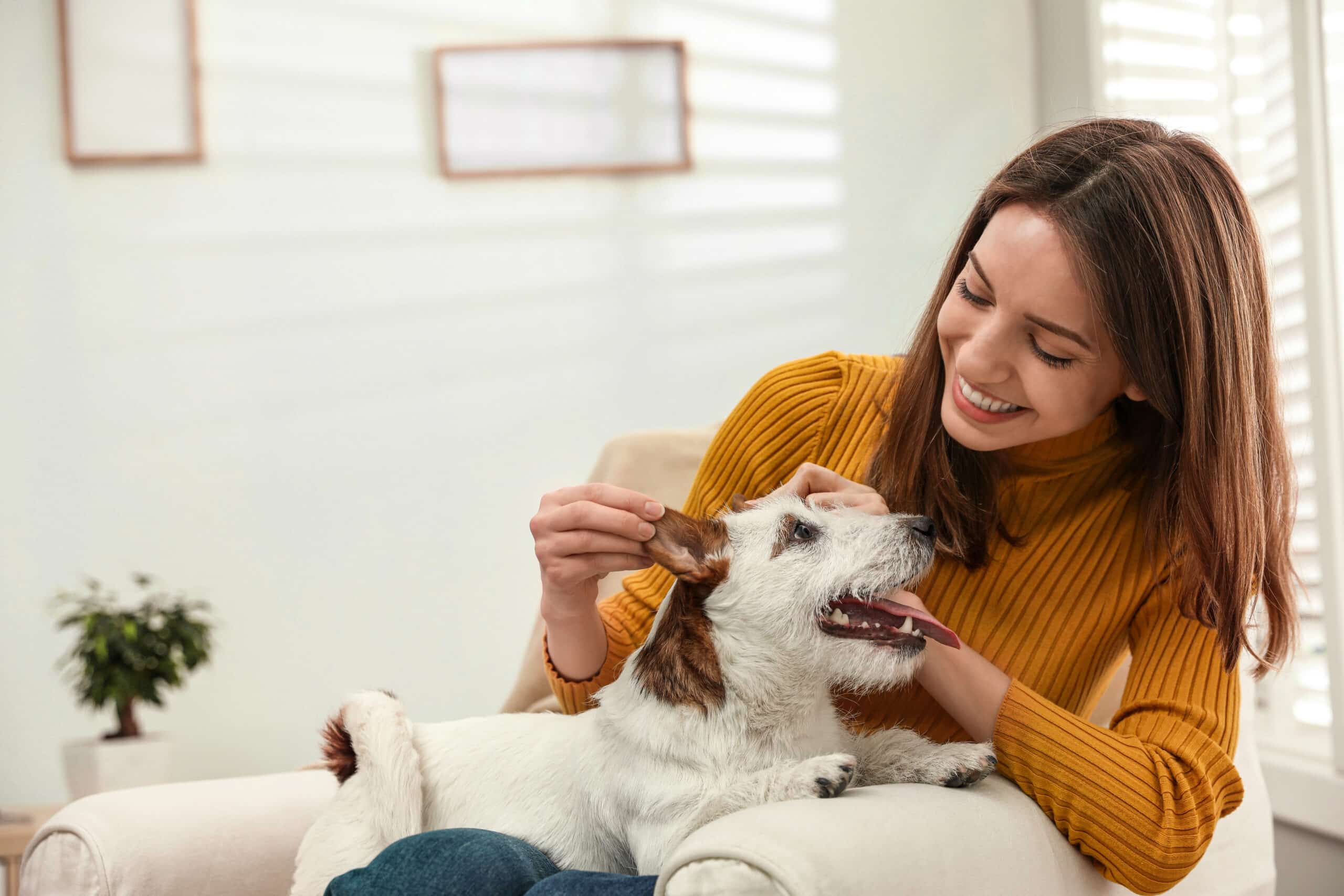 Happy dog owner in her living room